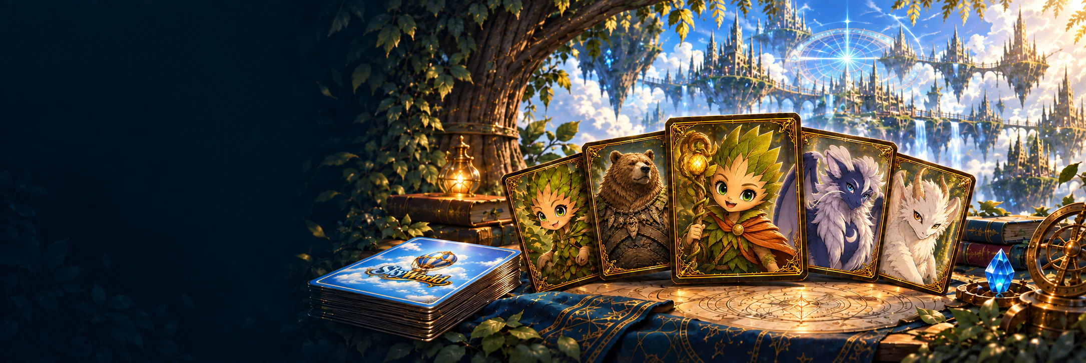 Sky World character cards on a deck-building table, with a city among the clouds in the background.