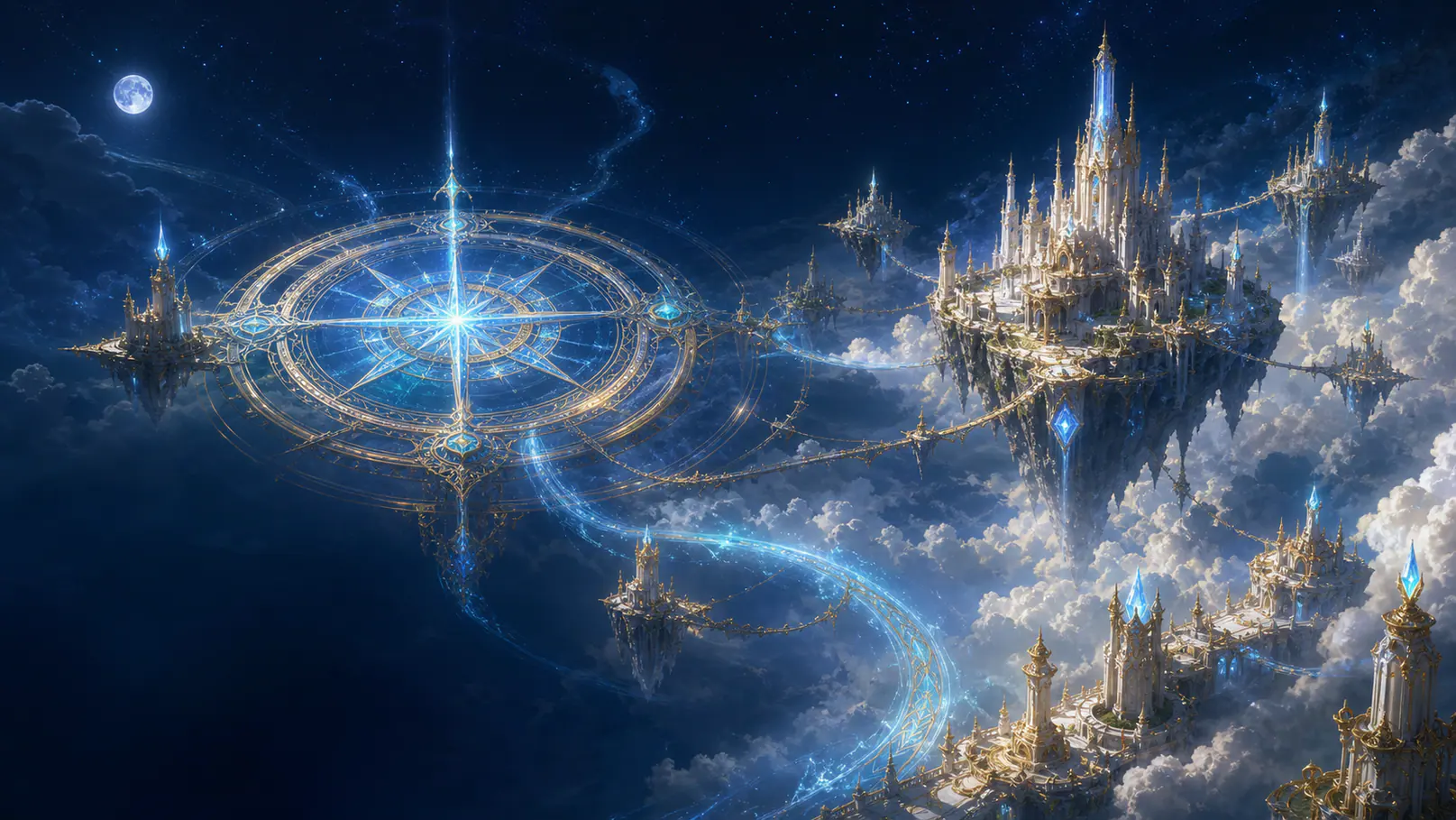 Floating kingdoms linked by a celestial compass in the Sky World Roadmap