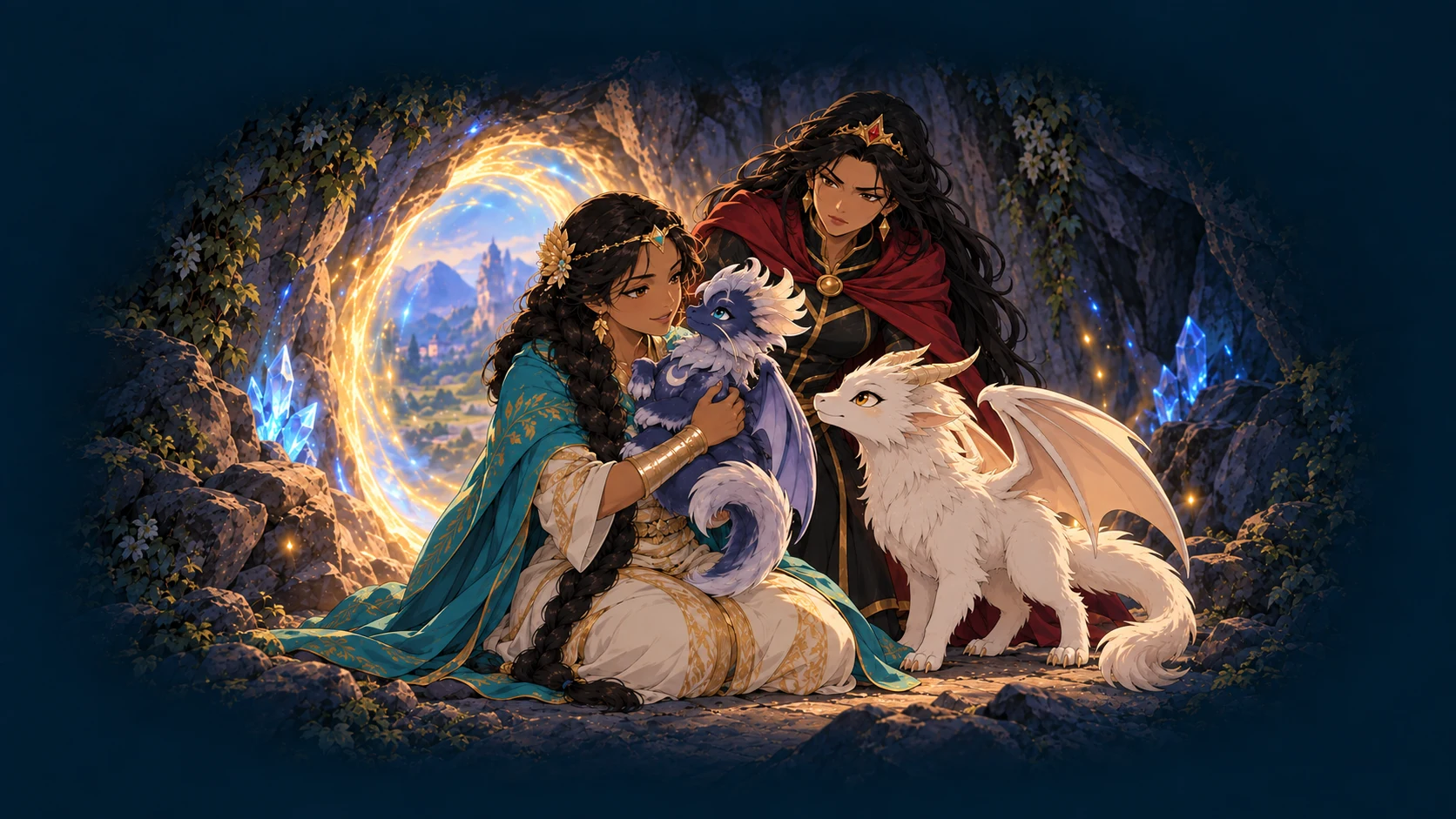 Aurora welcomes Lotus beside Anastacia and Flor, before the portal in the cave.