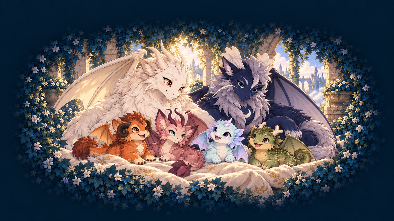 Flor and Lotus welcome their four hatchlings: Aster, Rosel, Iris, and Azalor, each with their own colors and horns.