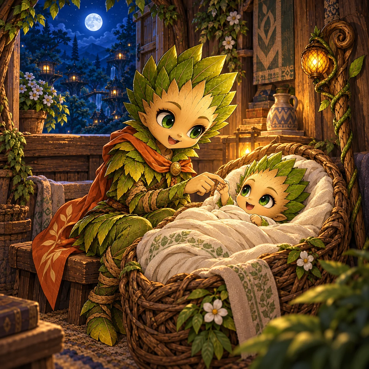 Mili adjusts her baby sister Nina's blanket in a Hidden Village house lit by moonlight and an oil lamp.